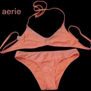 Aerie Coral Bikini with Blue Stud Details. Size Medium
